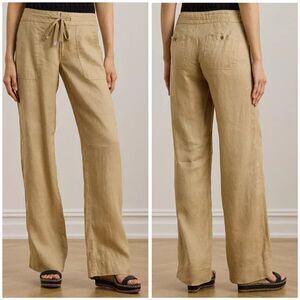 LRL Ralph Lauren 100% Linen Wide Leg Pants Beige Tan Casual Preppy Womens 8